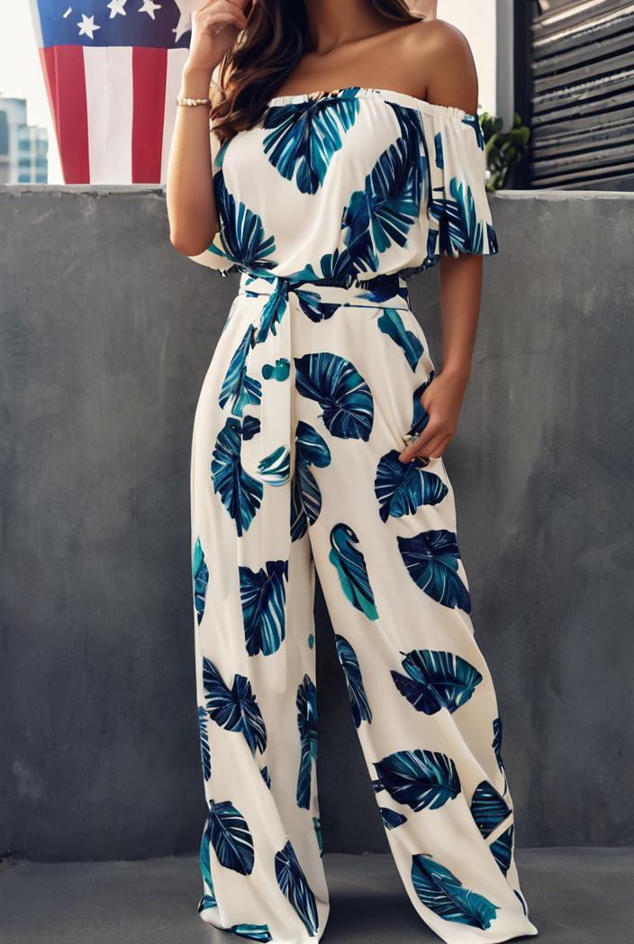 fashion print frilled off shoulder flared jumpsuit 134526