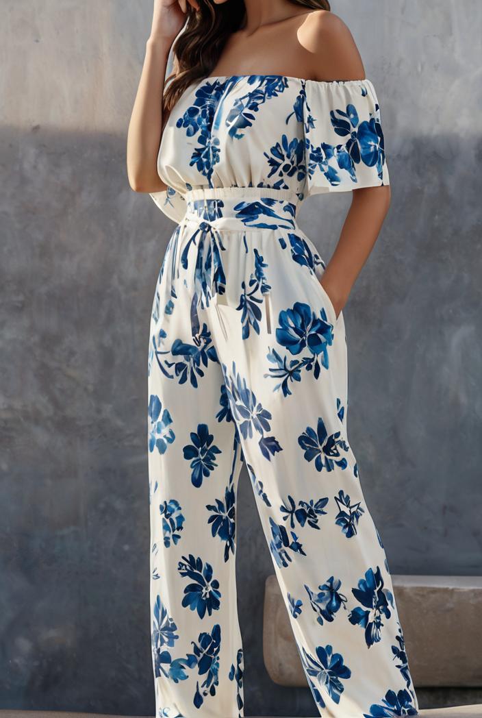 fashion print frilled off shoulder flared jumpsuit 134527