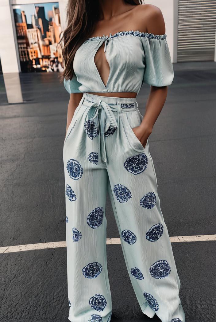 fashion print frilled off shoulder flared jumpsuit 134528