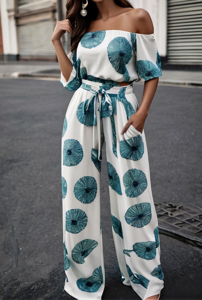 fashion print frilled off shoulder flared jumpsuit 134529