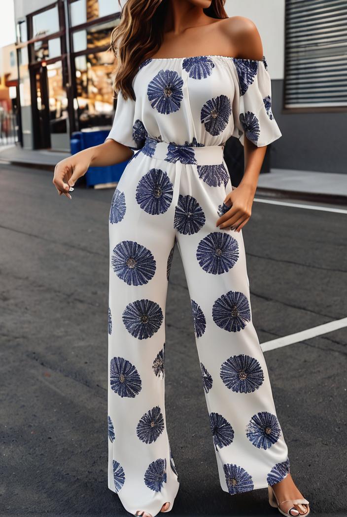 fashion print frilled off shoulder flared jumpsuit 134530