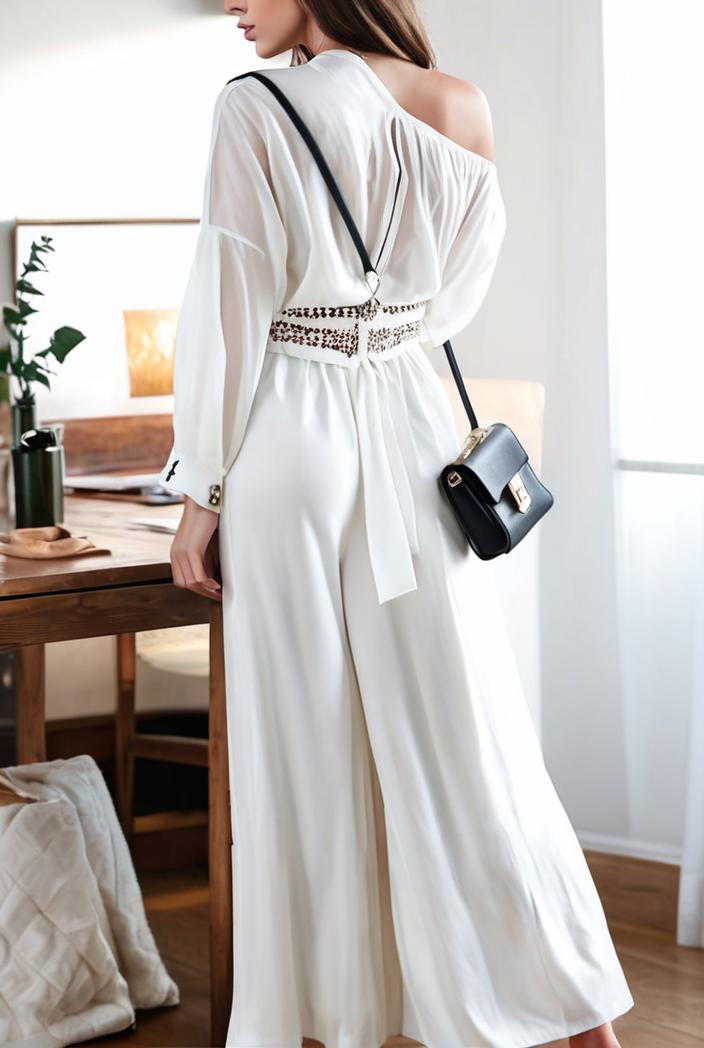 women s jumpsuits long sleeve one shoulder lace up wide leg jumpsuit 141116
