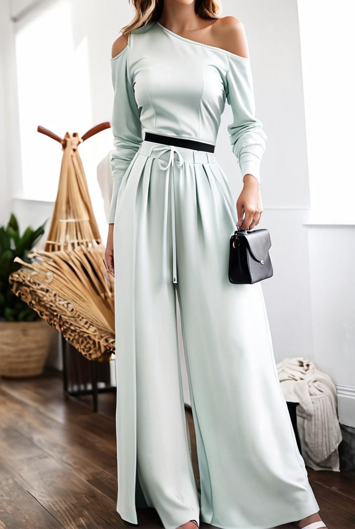 women s jumpsuits long sleeve one shoulder lace up wide leg jumpsuit 141118