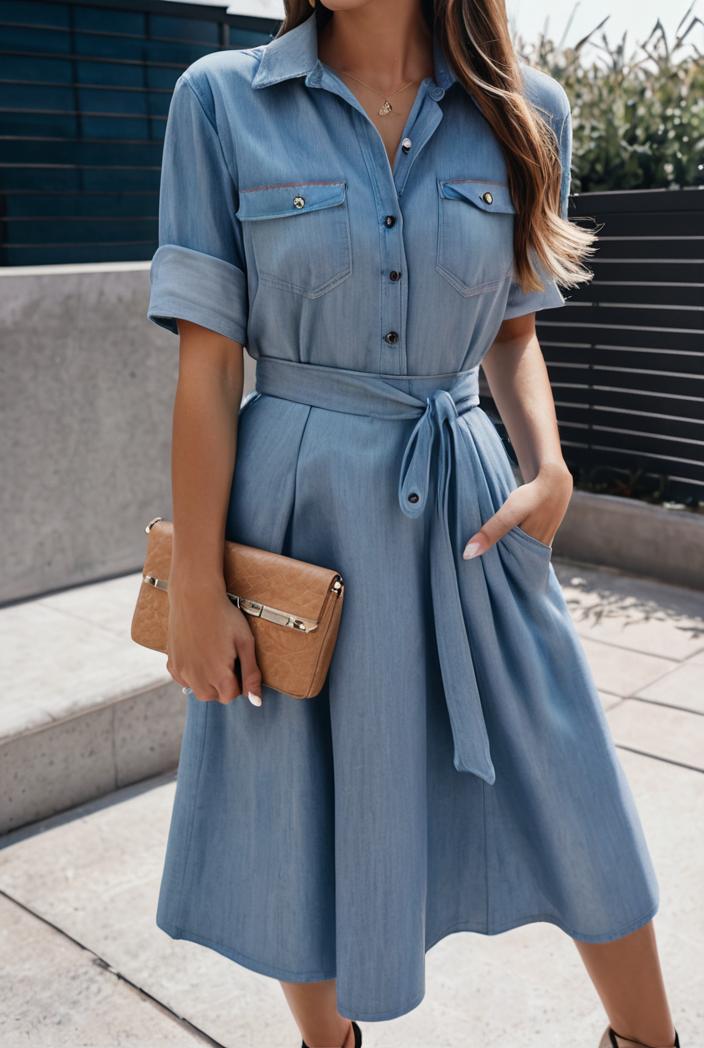a line flap pockets rolled sleeve v neck casual lapel denim maxi dresses 144742
