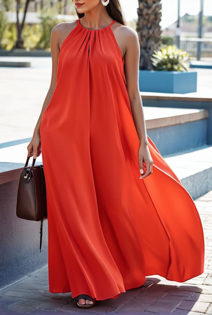 solid halter neck open back sleeveless dress 144184