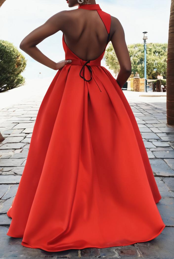 solid halter neck open back sleeveless dress 144206