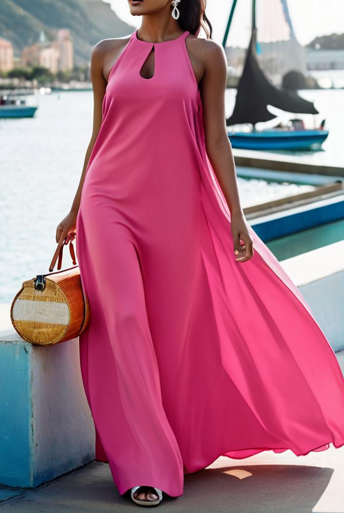 solid halter neck open back sleeveless dress 144207