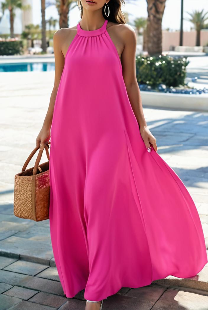 solid halter neck open back sleeveless dress 144213