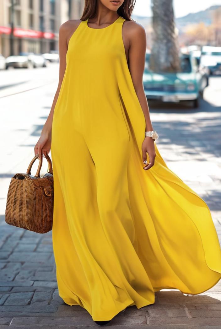 solid halter neck open back sleeveless dress 144217