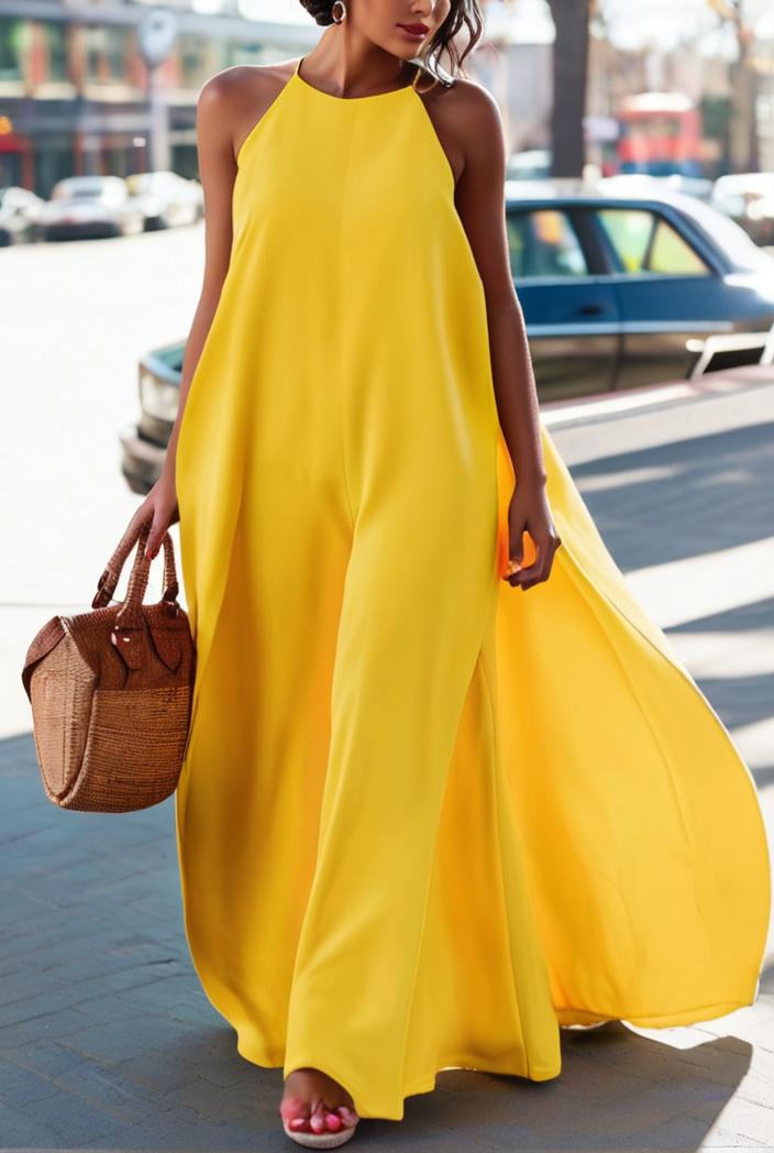 solid halter neck open back sleeveless dress 144219