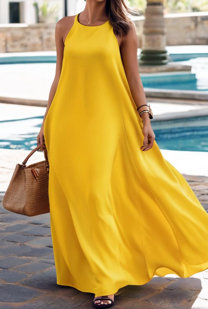 solid halter neck open back sleeveless dress 144220