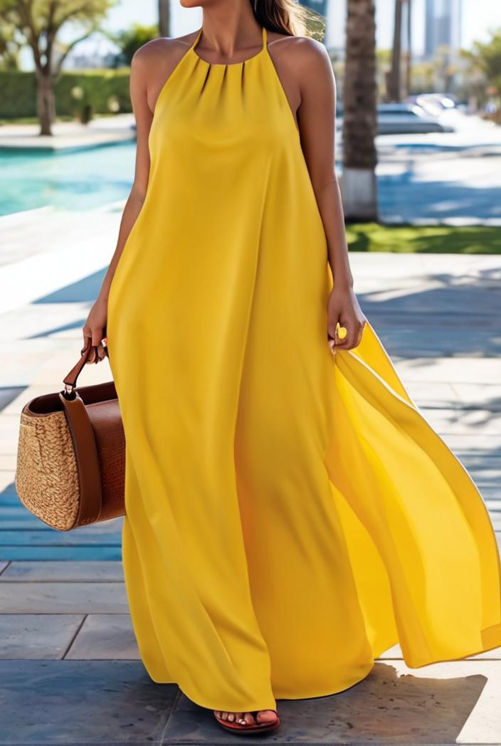 solid halter neck open back sleeveless dress 144222