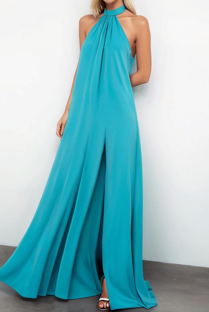 solid halter neck open back sleeveless dress 144249