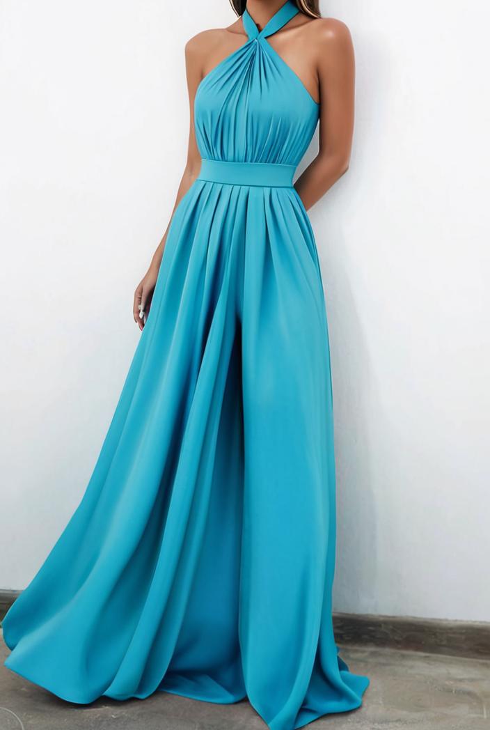 solid halter neck open back sleeveless dress 144250