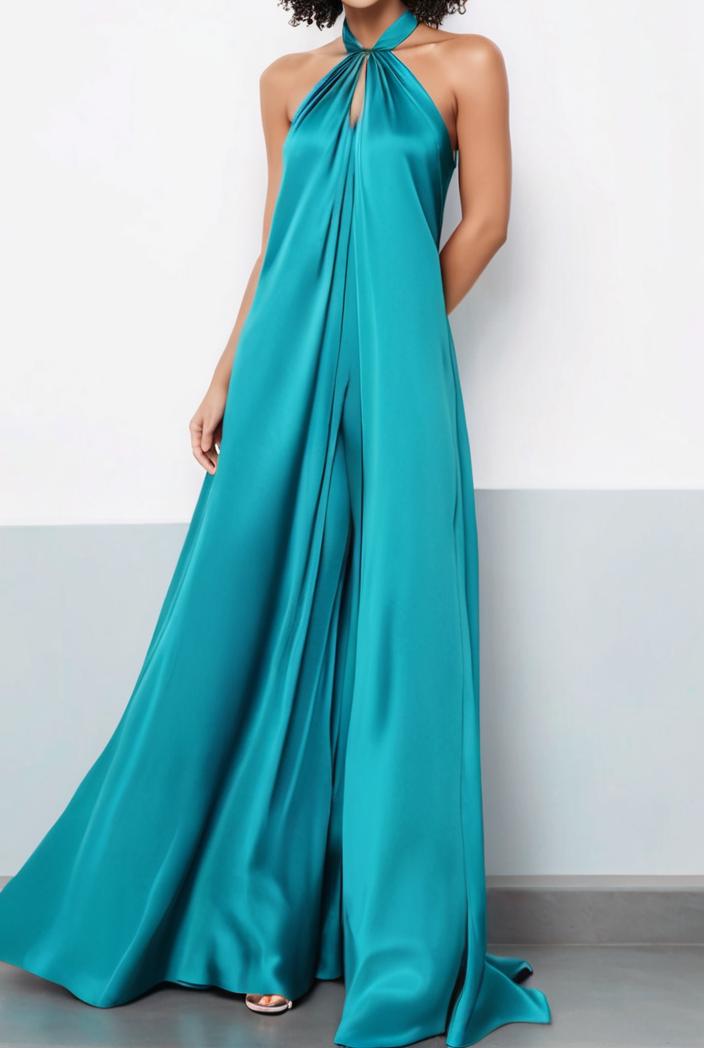 solid halter neck open back sleeveless dress 144251