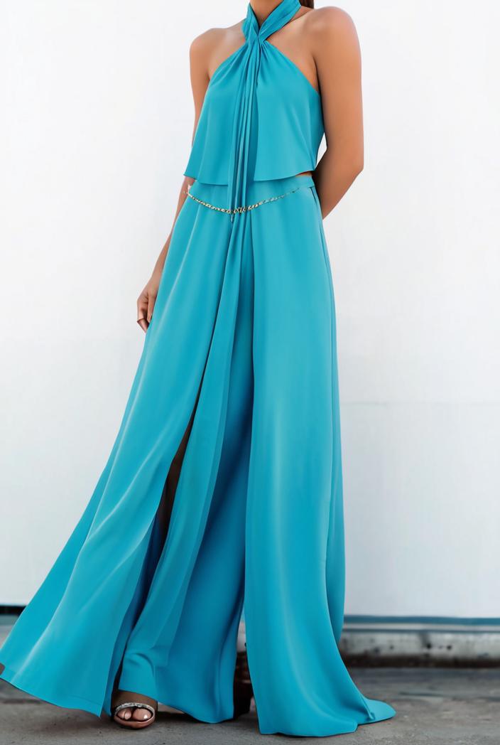 solid halter neck open back sleeveless dress 144253