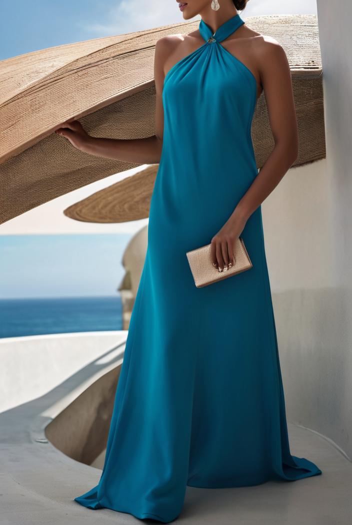 solid halter neck open back sleeveless dress 144256