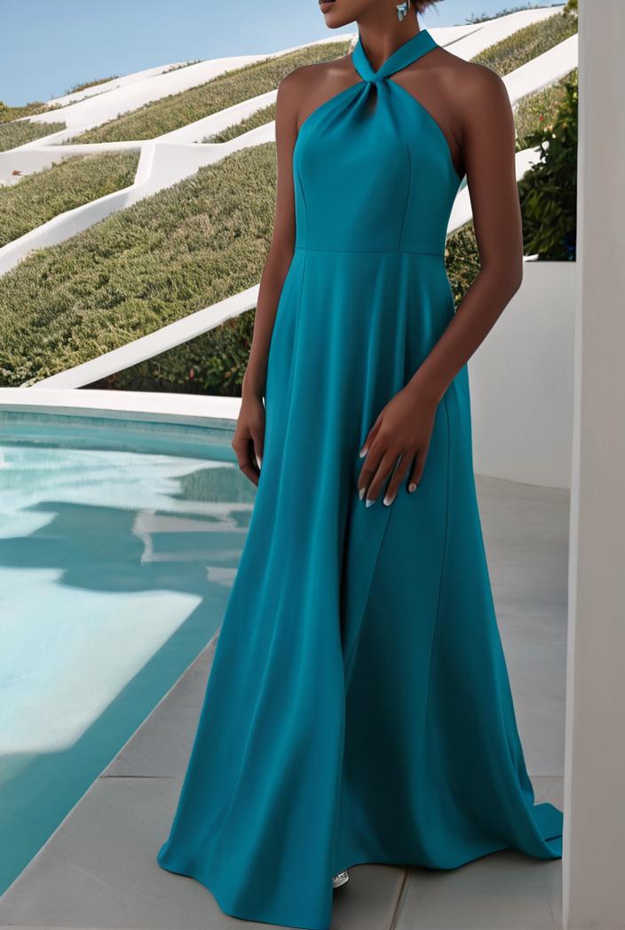 solid halter neck open back sleeveless dress 144259