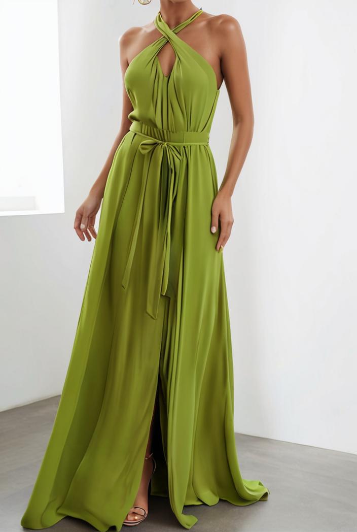 solid halter neck open back sleeveless dress 144267