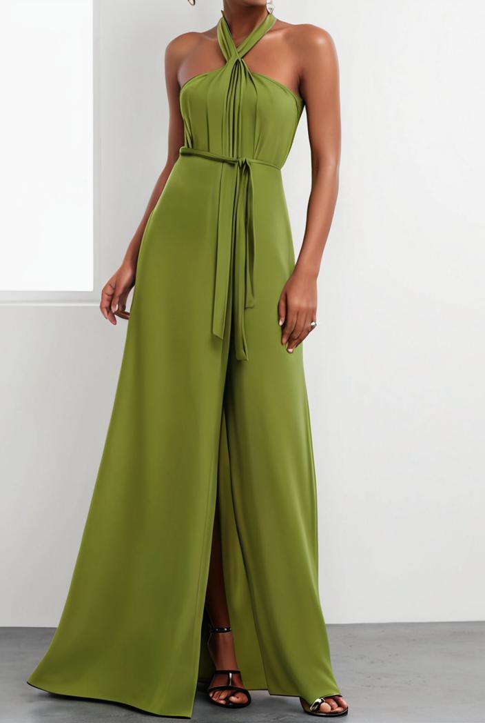 solid halter neck open back sleeveless dress 144270