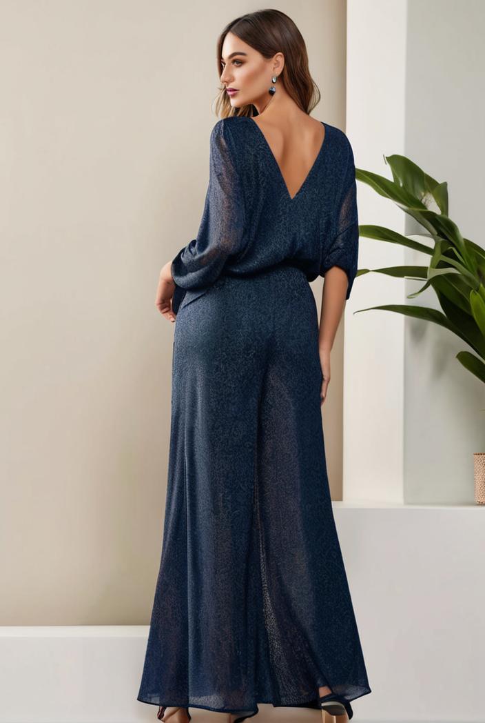 3 4 sleeve bodycon plunging back sequin evening dress 116950