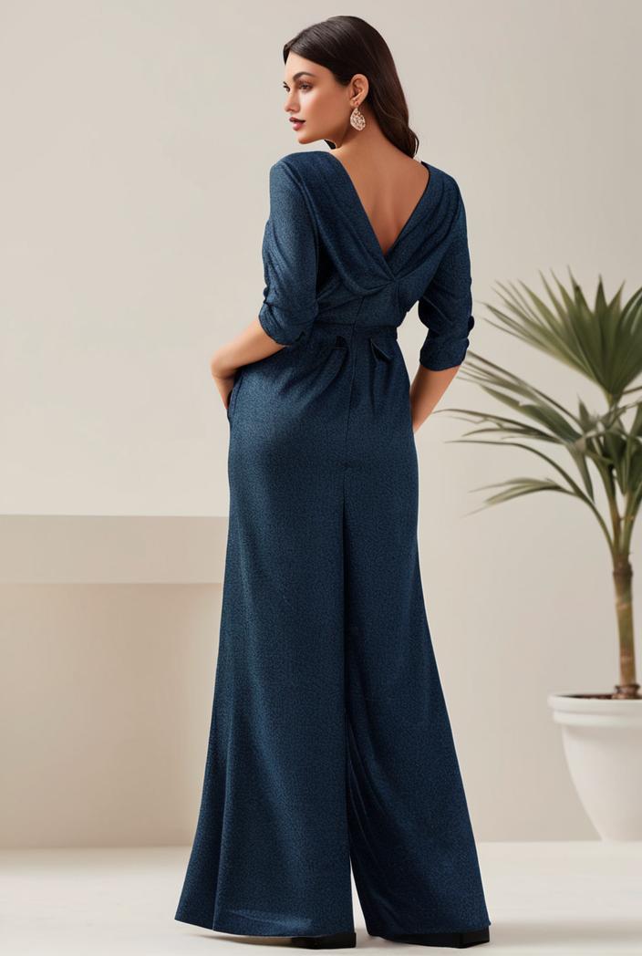 3 4 sleeve bodycon plunging back sequin evening dress 116951