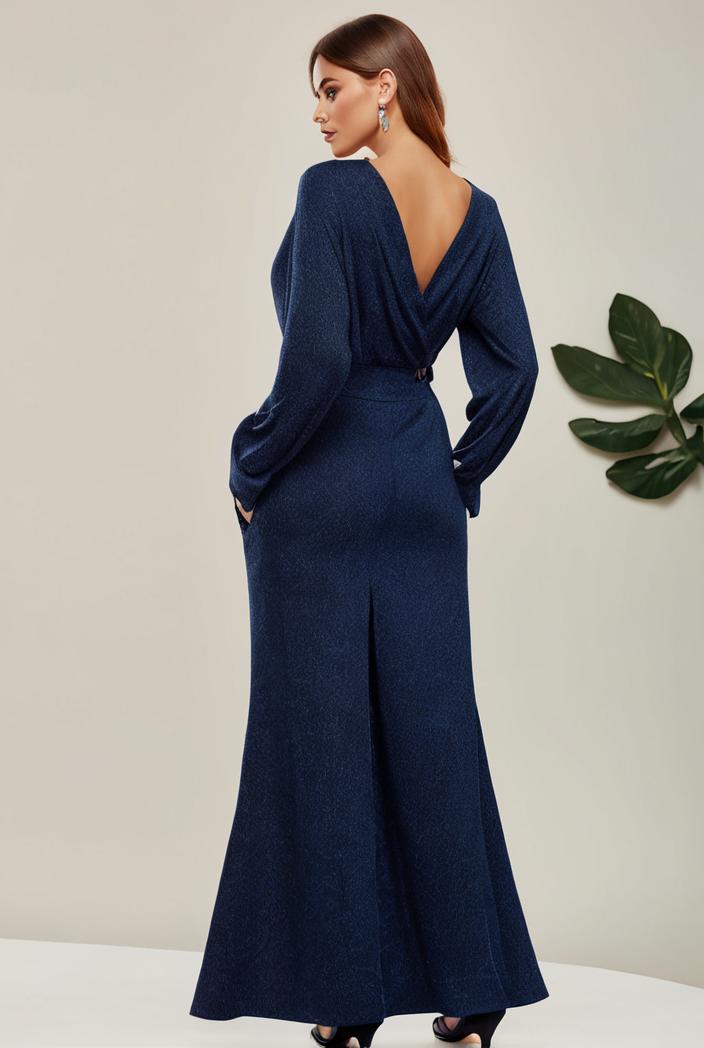 3 4 sleeve bodycon plunging back sequin evening dress 116955