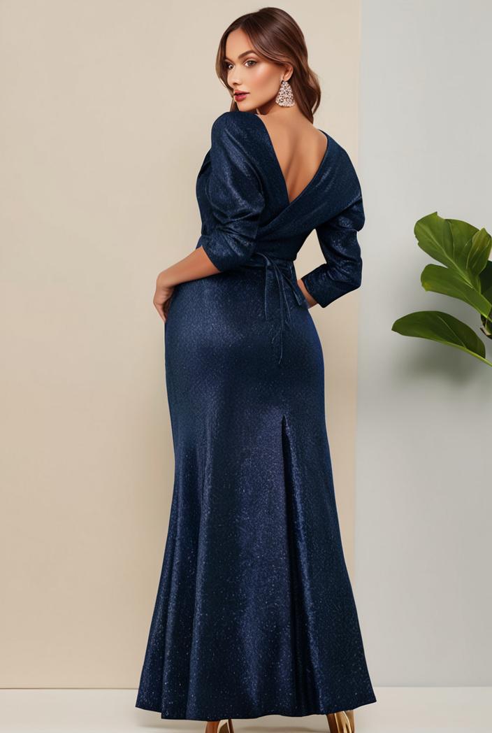 3 4 sleeve bodycon plunging back sequin evening dress 116958