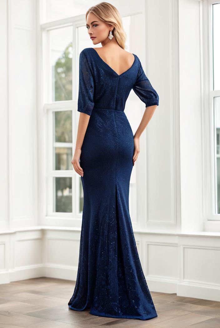 3 4 sleeve bodycon plunging back sequin evening dress 116963