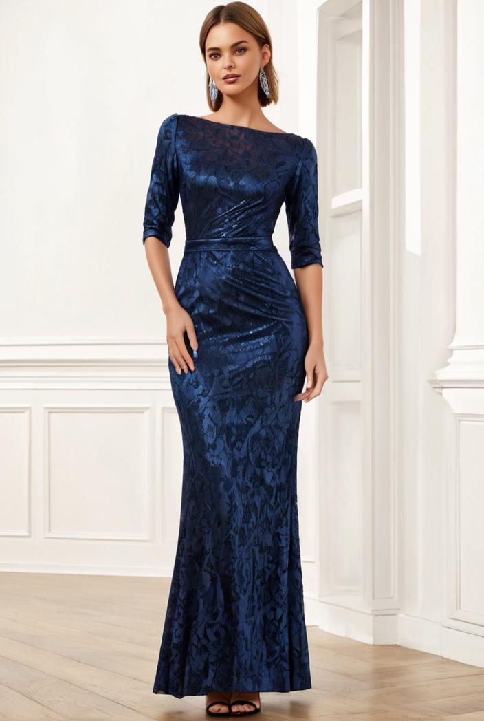 3 4 sleeve bodycon plunging back sequin evening dress 116974