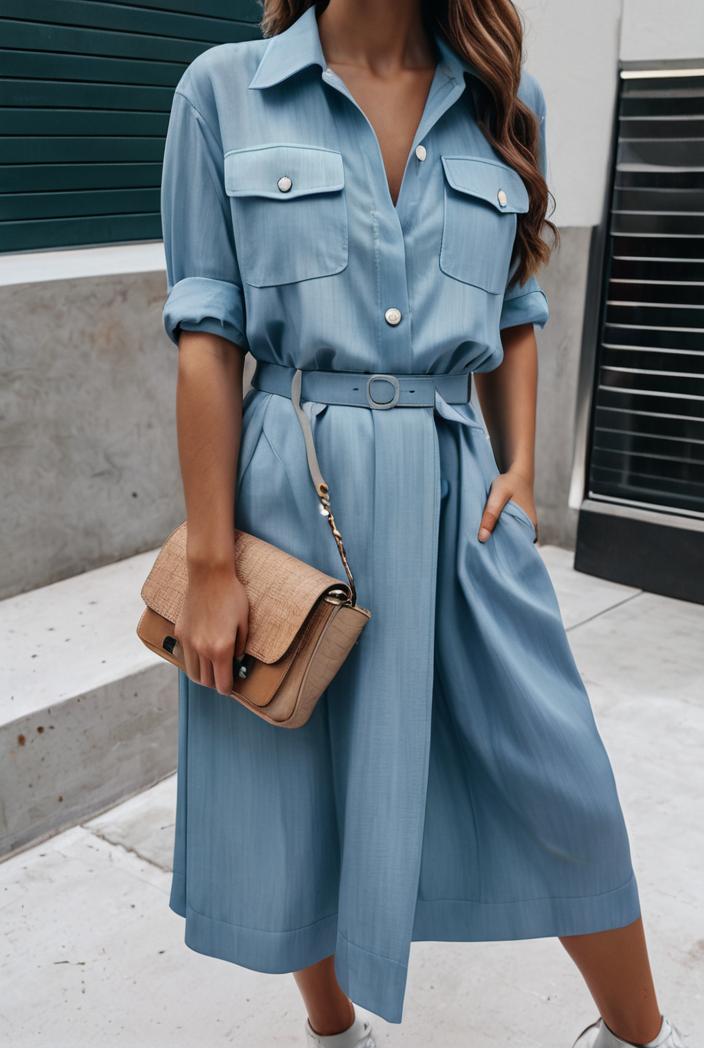 a line flap pockets rolled sleeve v neck casual lapel denim maxi dresses 116982