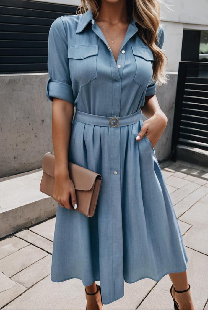 a line flap pockets rolled sleeve v neck casual lapel denim maxi dresses 116990