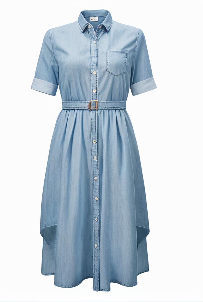 a line flap pockets rolled sleeve v neck casual lapel denim maxi dresses 116998