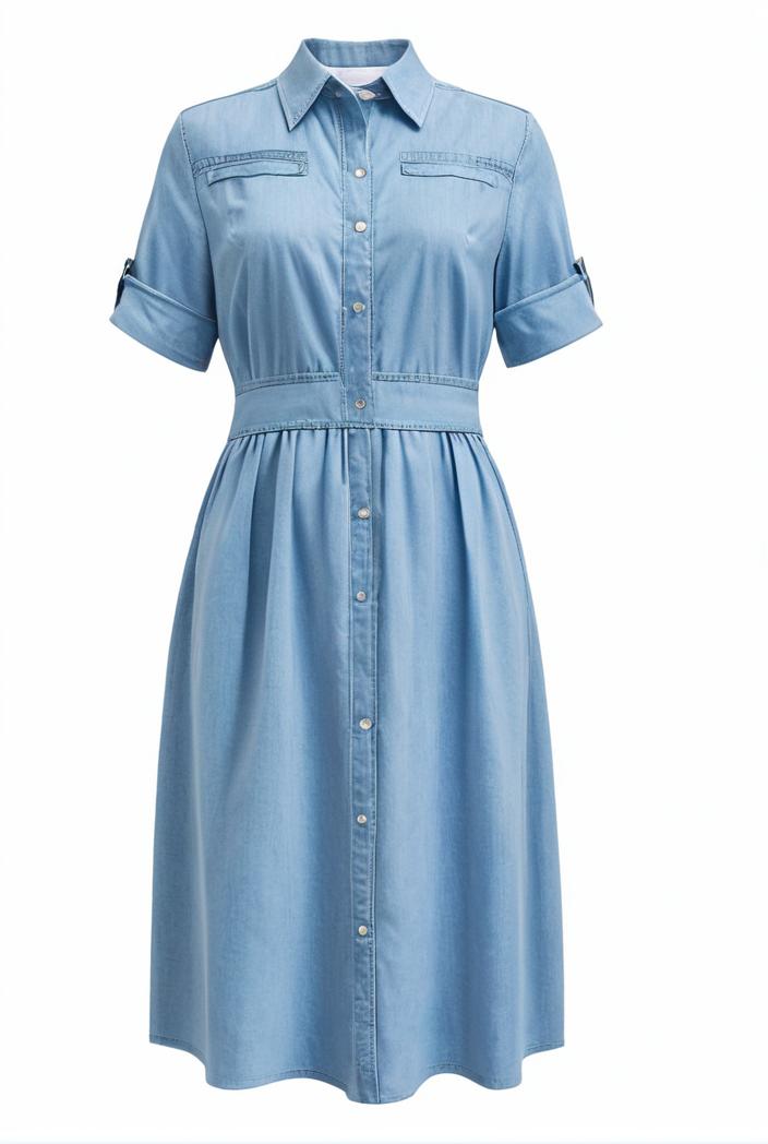 a line flap pockets rolled sleeve v neck casual lapel denim maxi dresses 117002