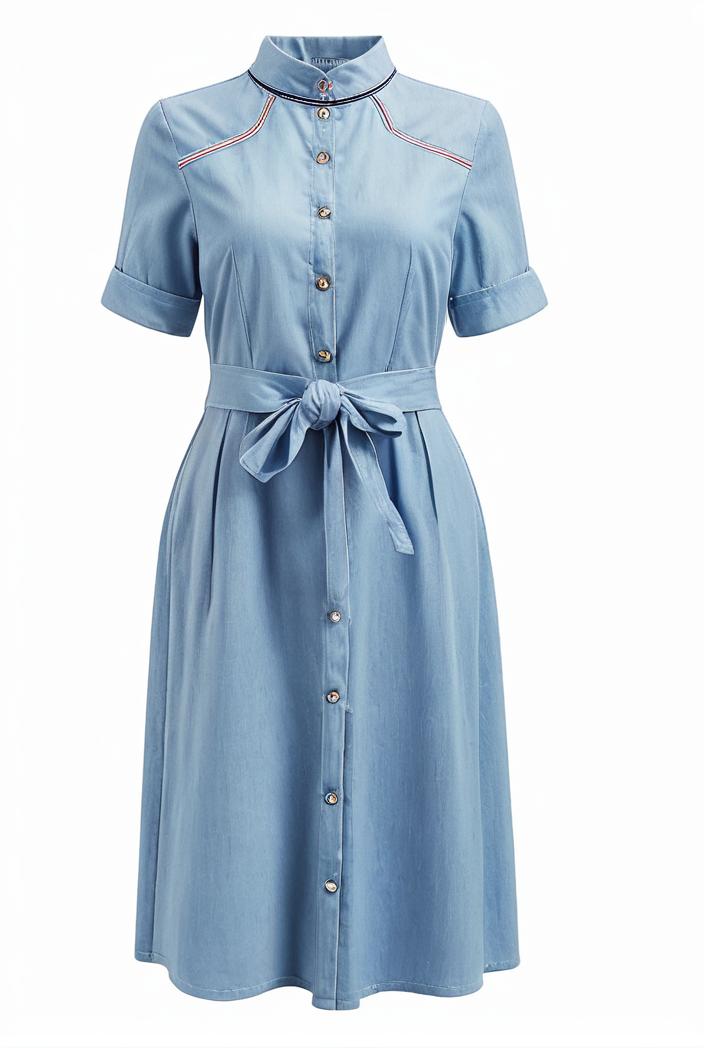 a line flap pockets rolled sleeve v neck casual lapel denim maxi dresses 117003