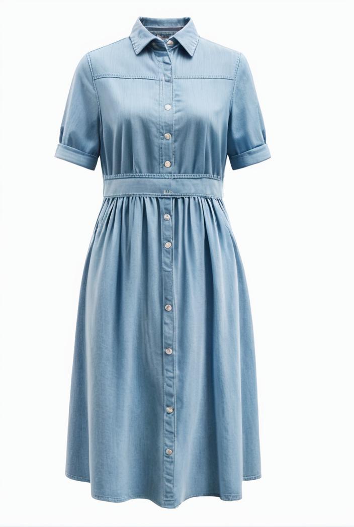 a line flap pockets rolled sleeve v neck casual lapel denim maxi dresses 117006