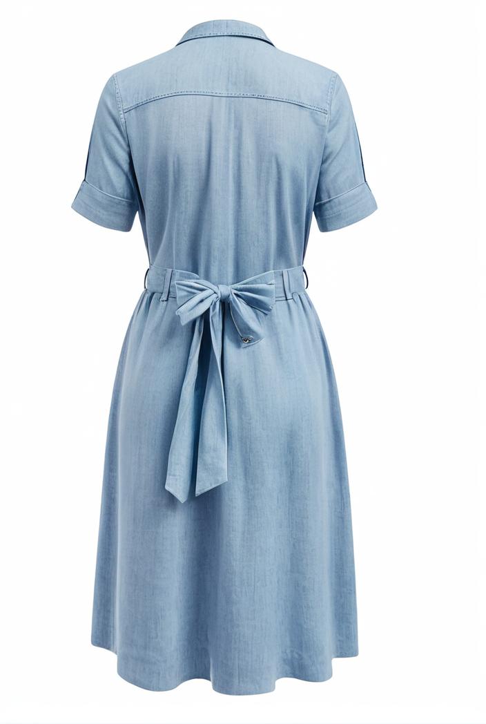 a line flap pockets rolled sleeve v neck casual lapel denim maxi dresses 117004