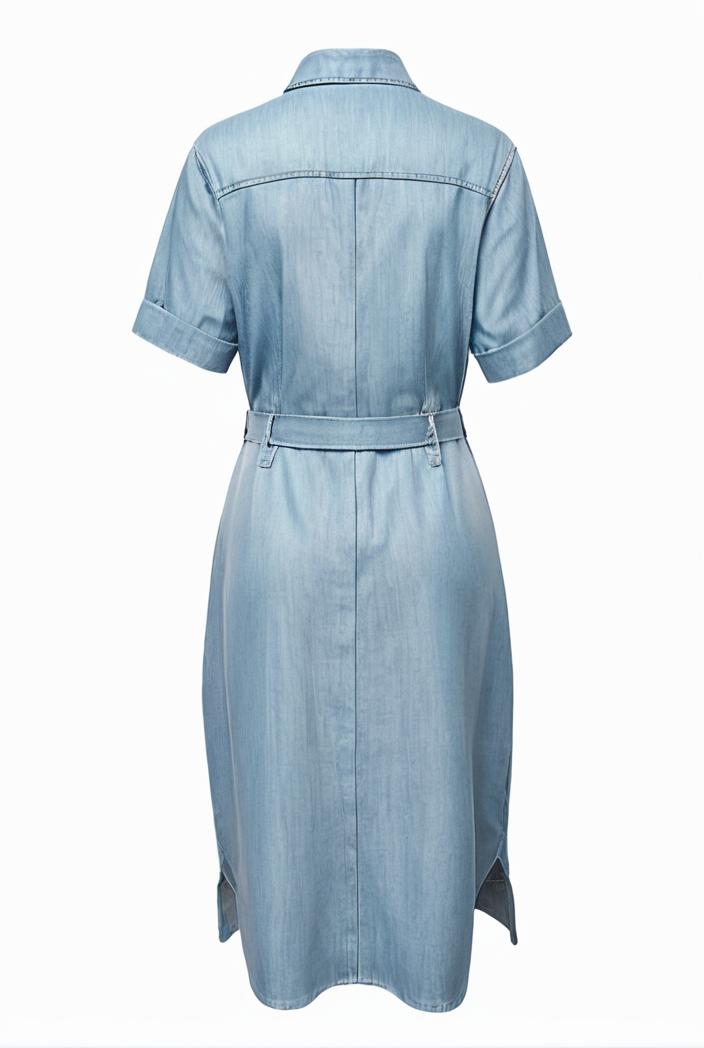 a line flap pockets rolled sleeve v neck casual lapel denim maxi dresses 117005