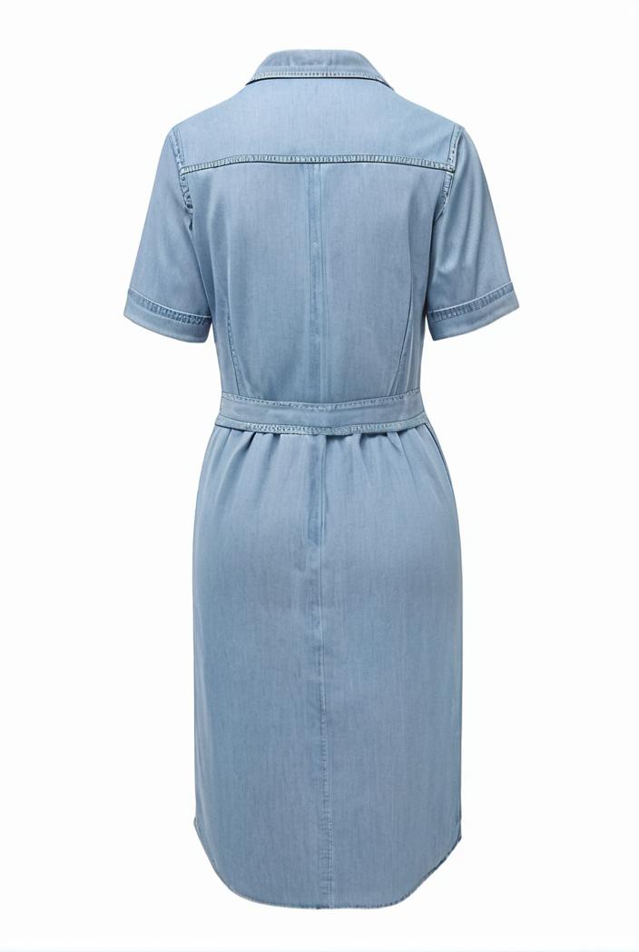 a line flap pockets rolled sleeve v neck casual lapel denim maxi dresses 117008