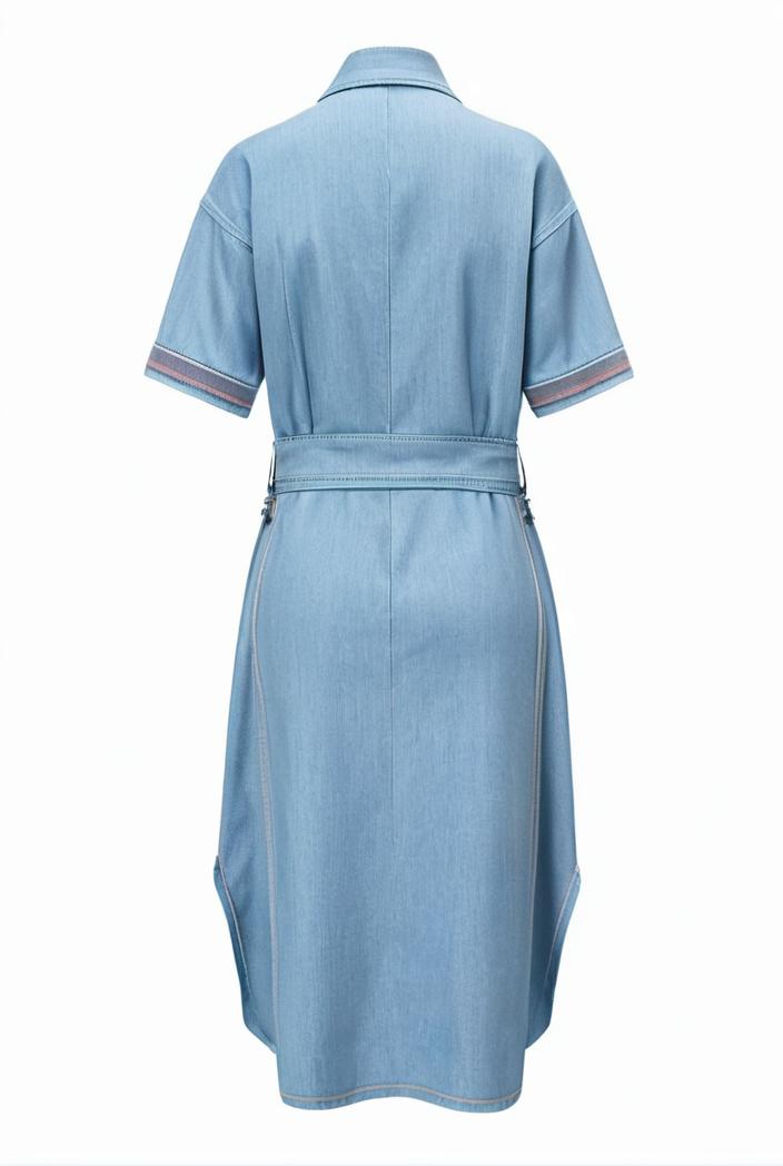 a line flap pockets rolled sleeve v neck casual lapel denim maxi dresses 117009