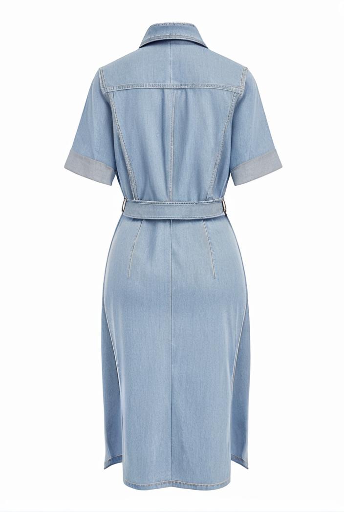 a line flap pockets rolled sleeve v neck casual lapel denim maxi dresses 117010