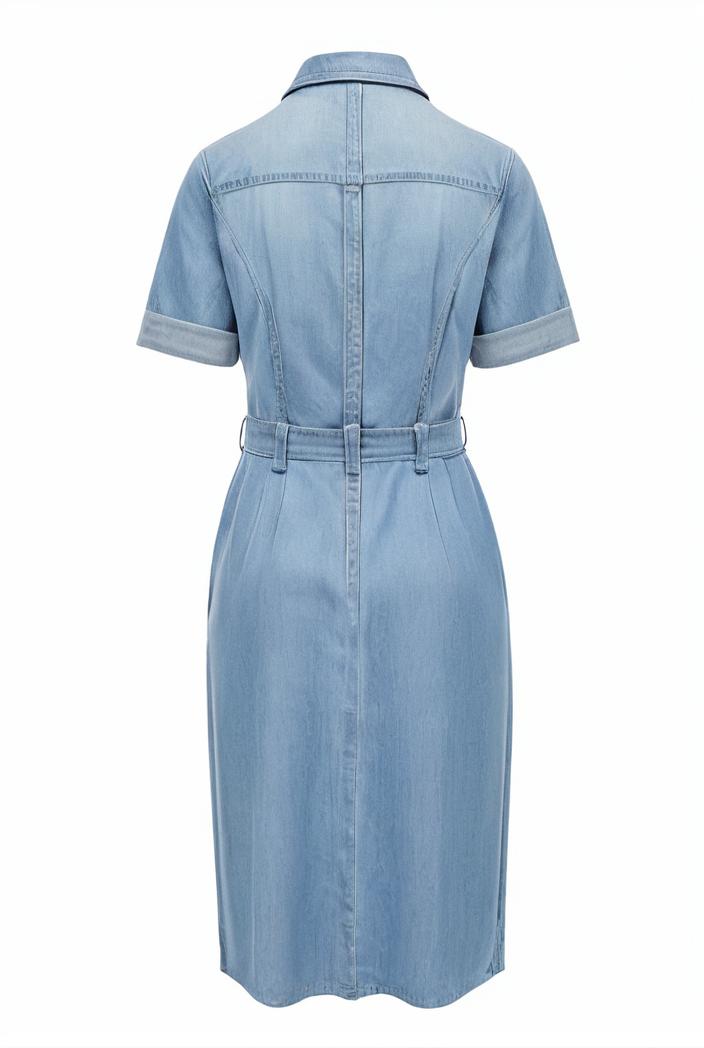 a line flap pockets rolled sleeve v neck casual lapel denim maxi dresses 117011