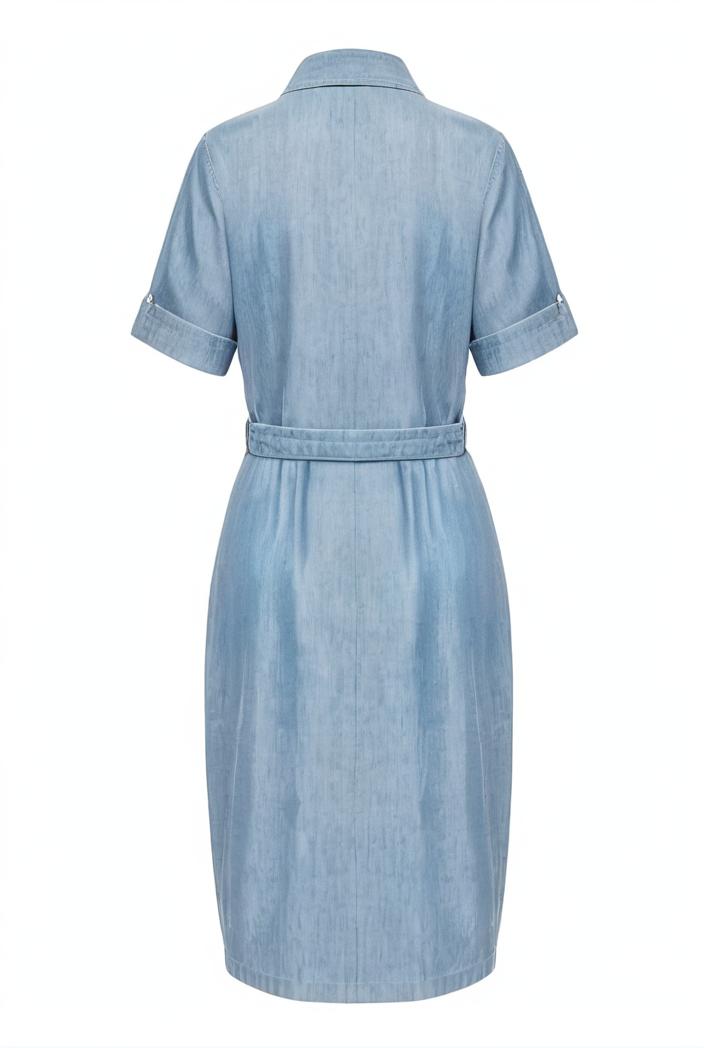 a line flap pockets rolled sleeve v neck casual lapel denim maxi dresses 117012