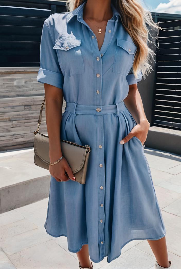 a line flap pockets rolled sleeve v neck casual lapel denim maxi dresses 127234