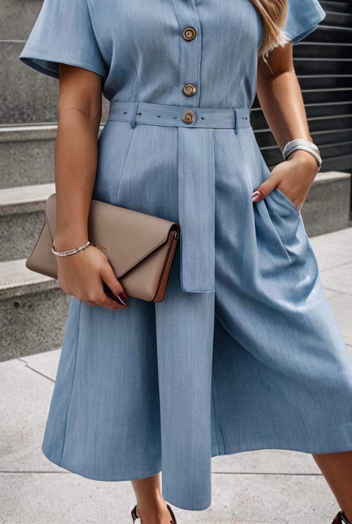 a line flap pockets rolled sleeve v neck casual lapel denim maxi dresses 127239
