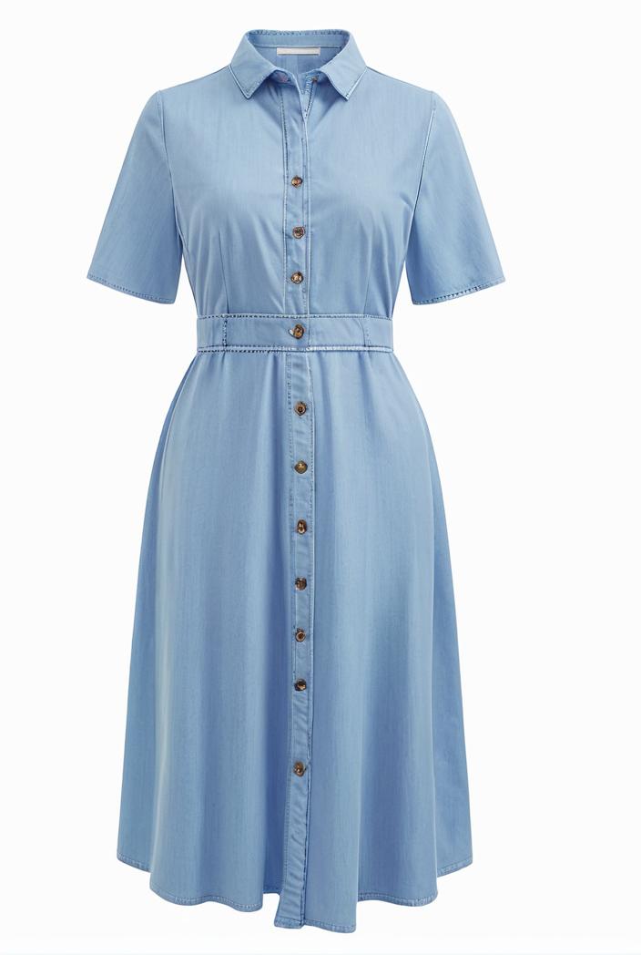 a line flap pockets rolled sleeve v neck casual lapel denim maxi dresses 127245