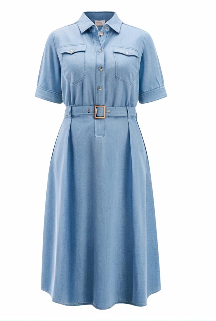 a line flap pockets rolled sleeve v neck casual lapel denim maxi dresses 127250