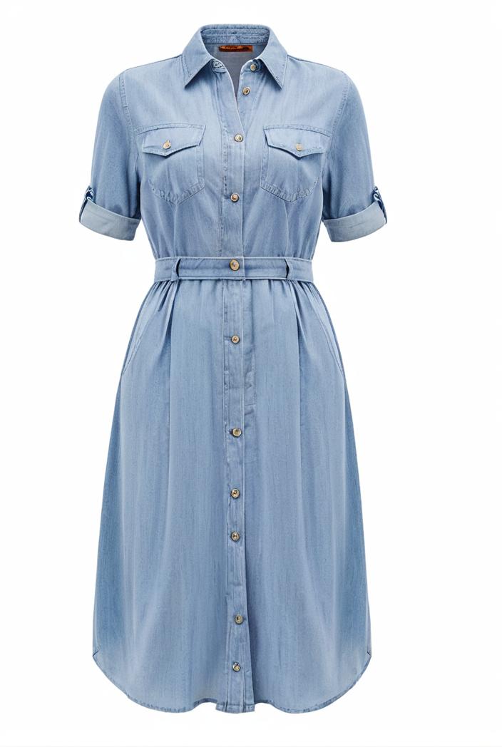 a line flap pockets rolled sleeve v neck casual lapel denim maxi dresses 127251