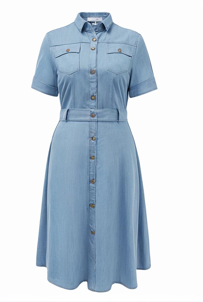 a line flap pockets rolled sleeve v neck casual lapel denim maxi dresses 127252