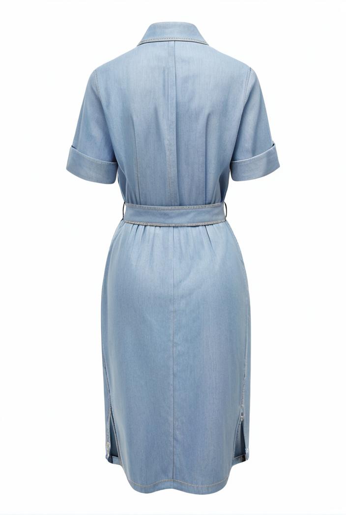 a line flap pockets rolled sleeve v neck casual lapel denim maxi dresses 127254